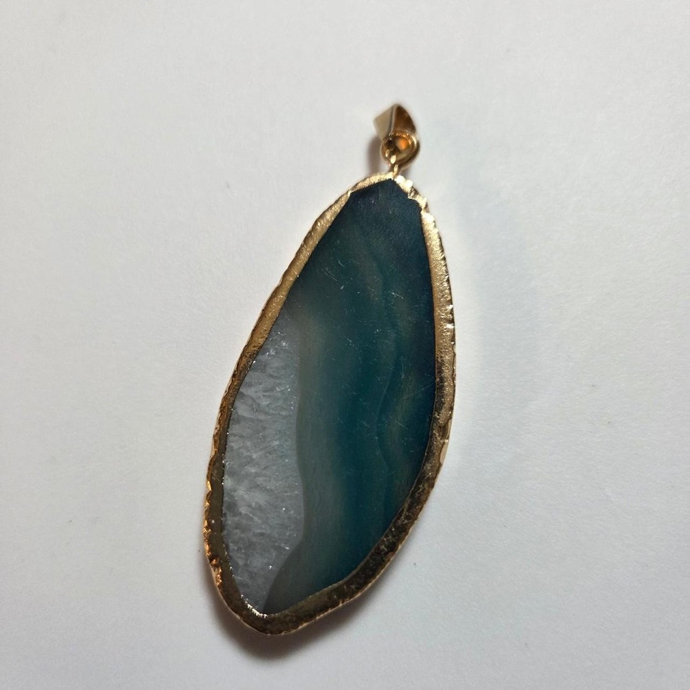 Blue Banded Agate Druzy Slice Pendant 2.5" Gold Tone Edge Natural Stone Boho